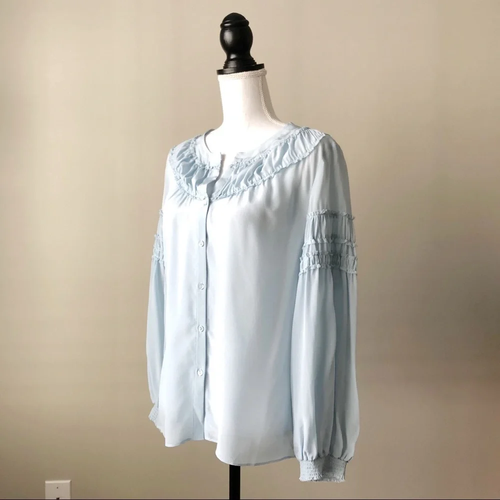 ECRU | The Bacall Silk Baby Blue Button Down Blouse  Sz S - Picture 7 of 9